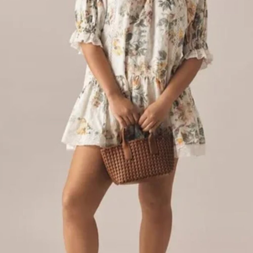 Pilcro Anthropologie Short-Sleeve Mock-Neck Ruffle Mini Floral Dress Small - Picture 4 of 13